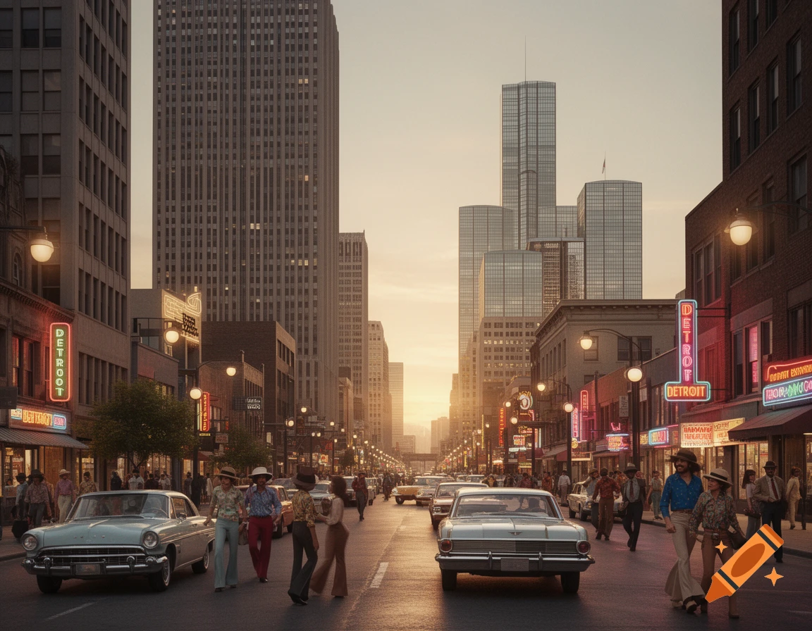 Photorealistic 1970s downtown Detroit street scene with vintage cars and people walking, under a warm sunset sky.