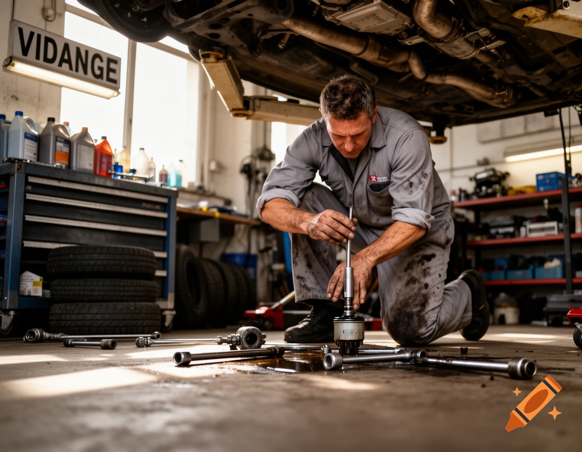 A photorealistic image of a mechanic kneeling under a raised car in a busy workshop, performing an oil change. Tools are scattered on the stained floor.