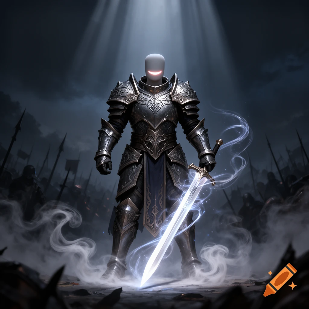 Armored knight with a blank face and glowing red smile stands on a ...