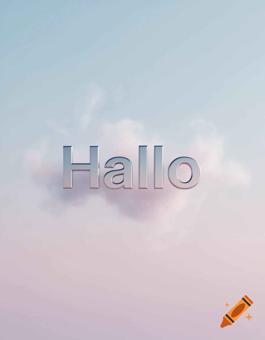 3D metallic text spelling 'Hallo' floats amidst soft clouds in a pastel gradient sky.