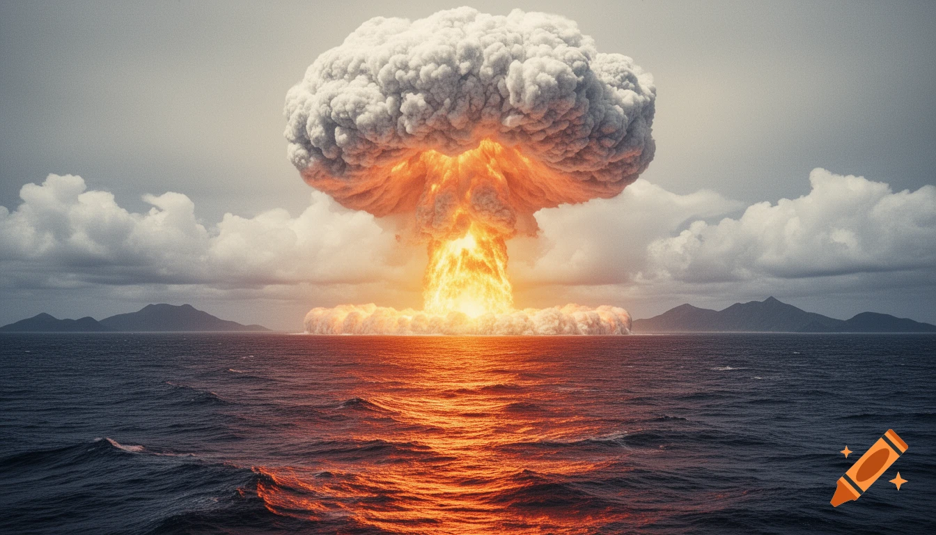 A massive photorealistic nuclear explosion creates a towering mushroom cloud over the Pacific Ocean, reflecting fiery orange light on the waves.