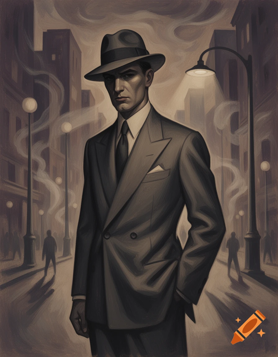 A man in a fedora and double-breasted suit stands on a dimly lit 1930s city street in an expressionistic style.