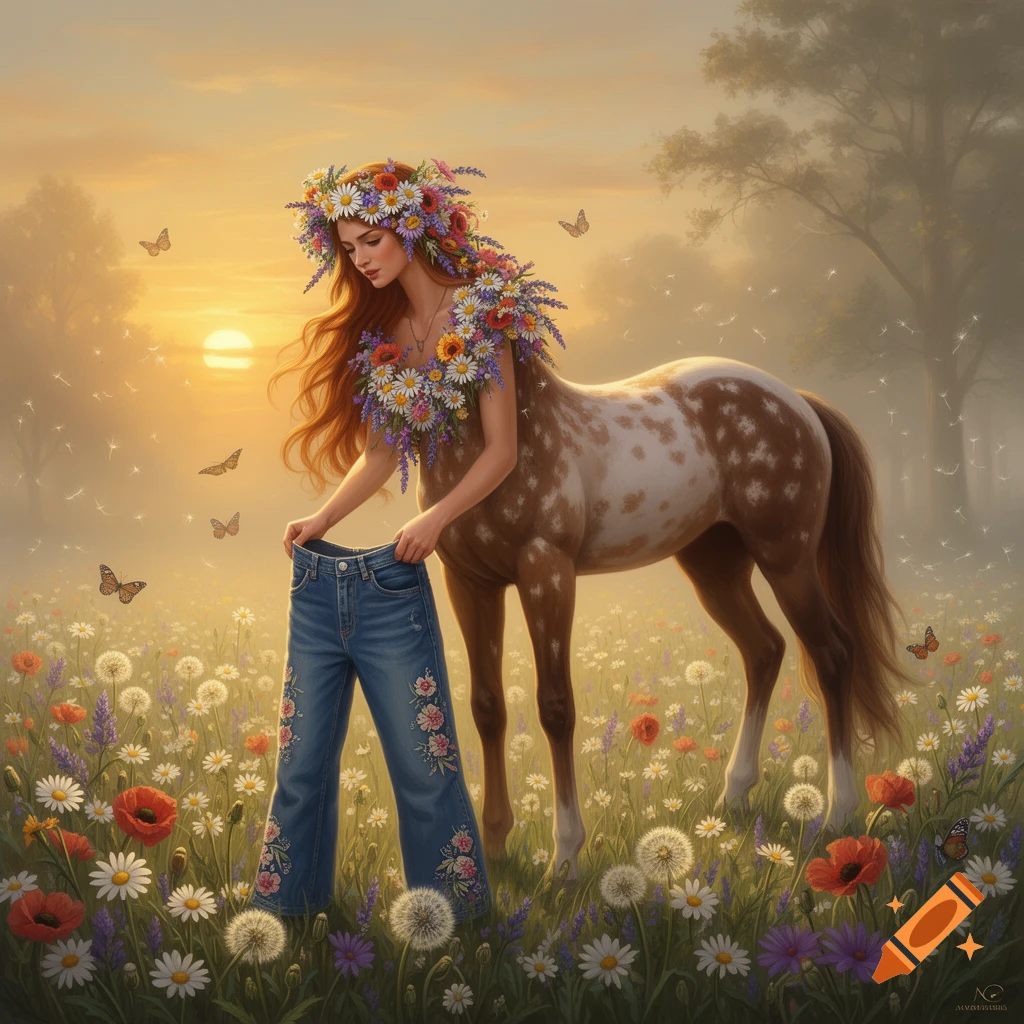 A beautiful female centaur adorned with flowers holds up embroidered ...