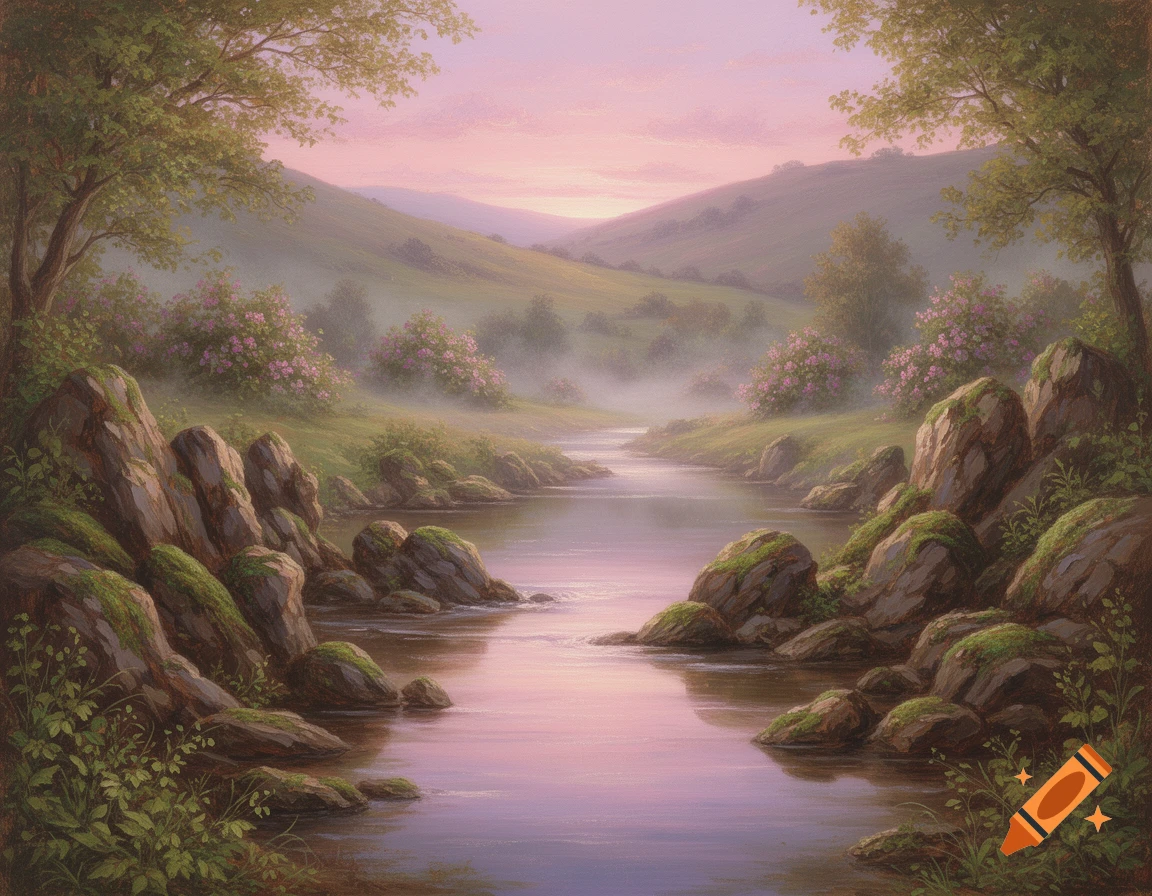 A serene painting of a winding river flowing through a misty valley at ...