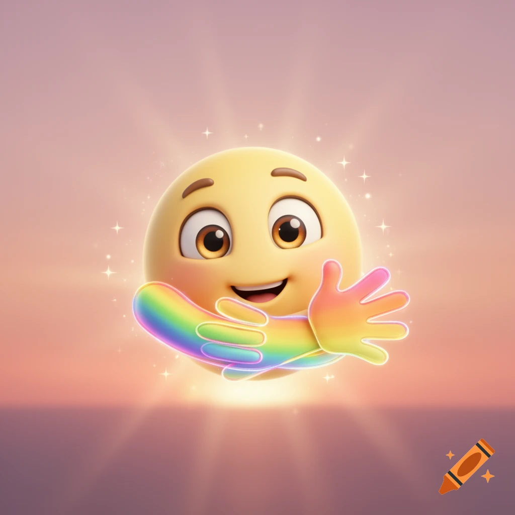 Smiling yellow emoji with rosy cheeks hugged by glowing rainbow hands, against a pink background with sparkles.