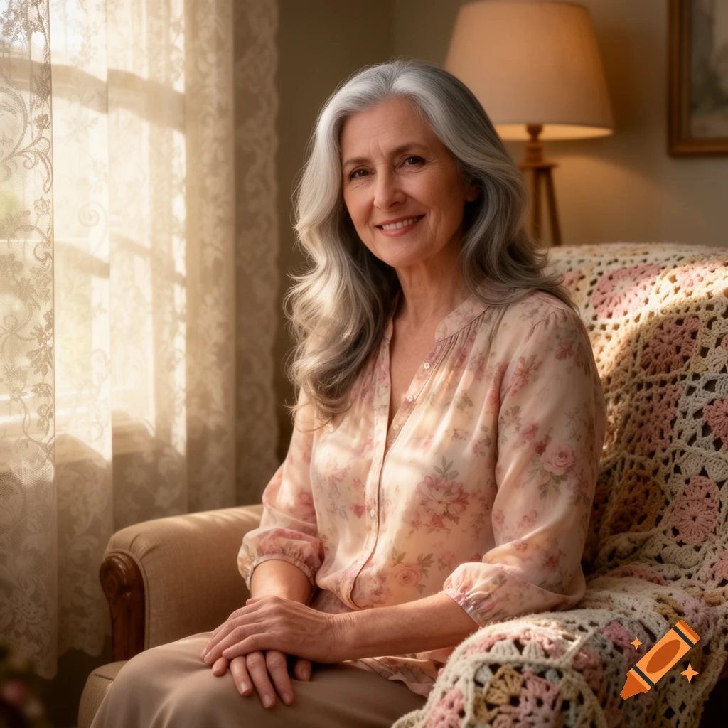 A smiling older woman with long gray hair sits in a sunlit armchair with a crochet blanket, looking at the camera.