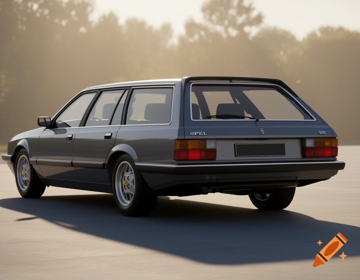A grey 1982 Opel Senator A station wagon, viewed from the rear three-quarter angle, under hazy outdoor lighting.