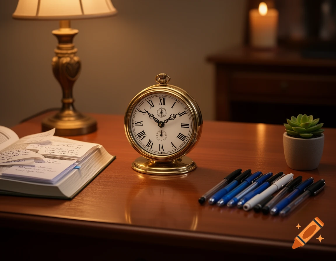 A golden analog clock with Roman numerals, an open book, and several pens on a wooden desk next to a lamp and a small plant.