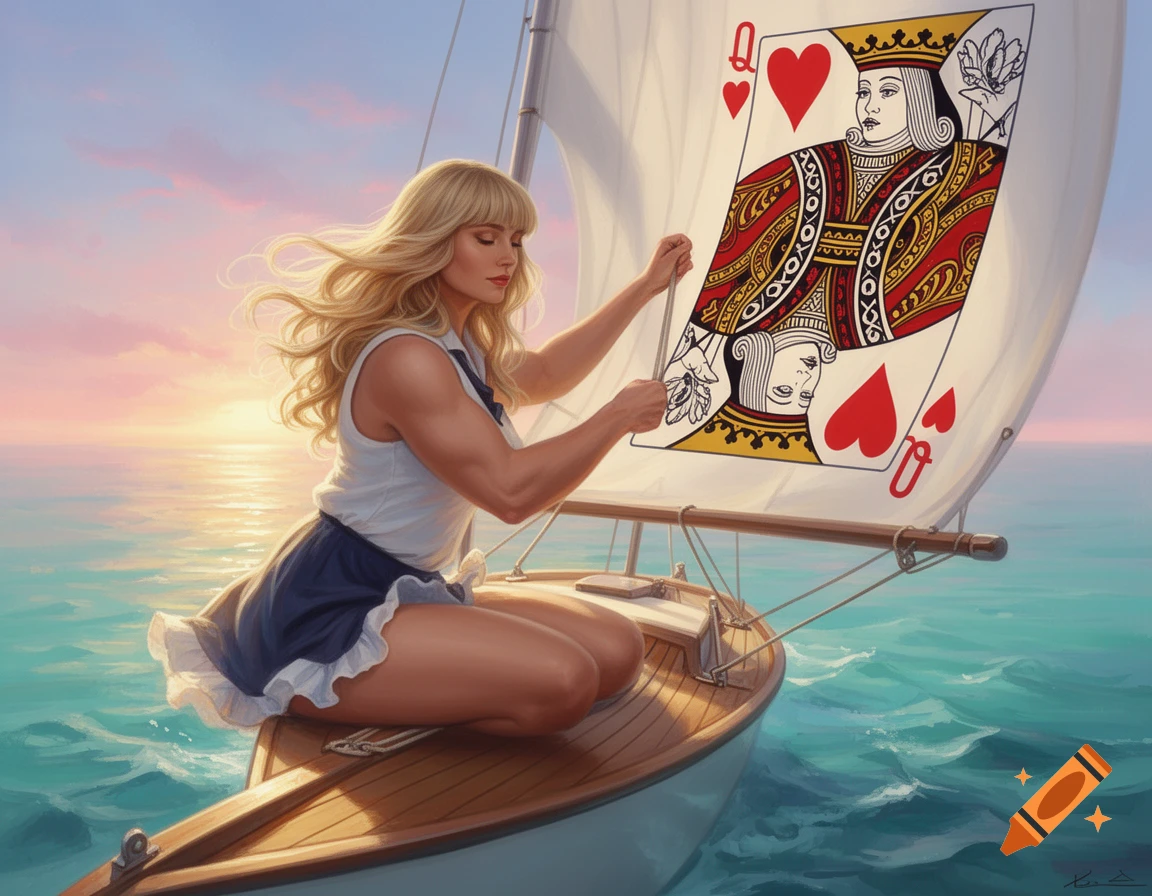 A blonde woman in a sailor outfit on a sailboat, hoisting a sail designed as a Queen of Hearts playing card at sunset. Digital art.