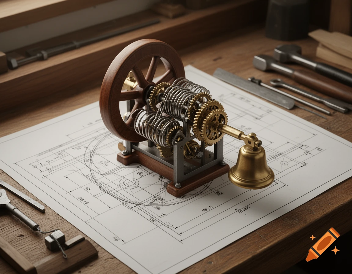 A detailed steampunk-style mechanical system with gears, springs, and a bell, resting on a blueprint on a wooden workbench with tools.