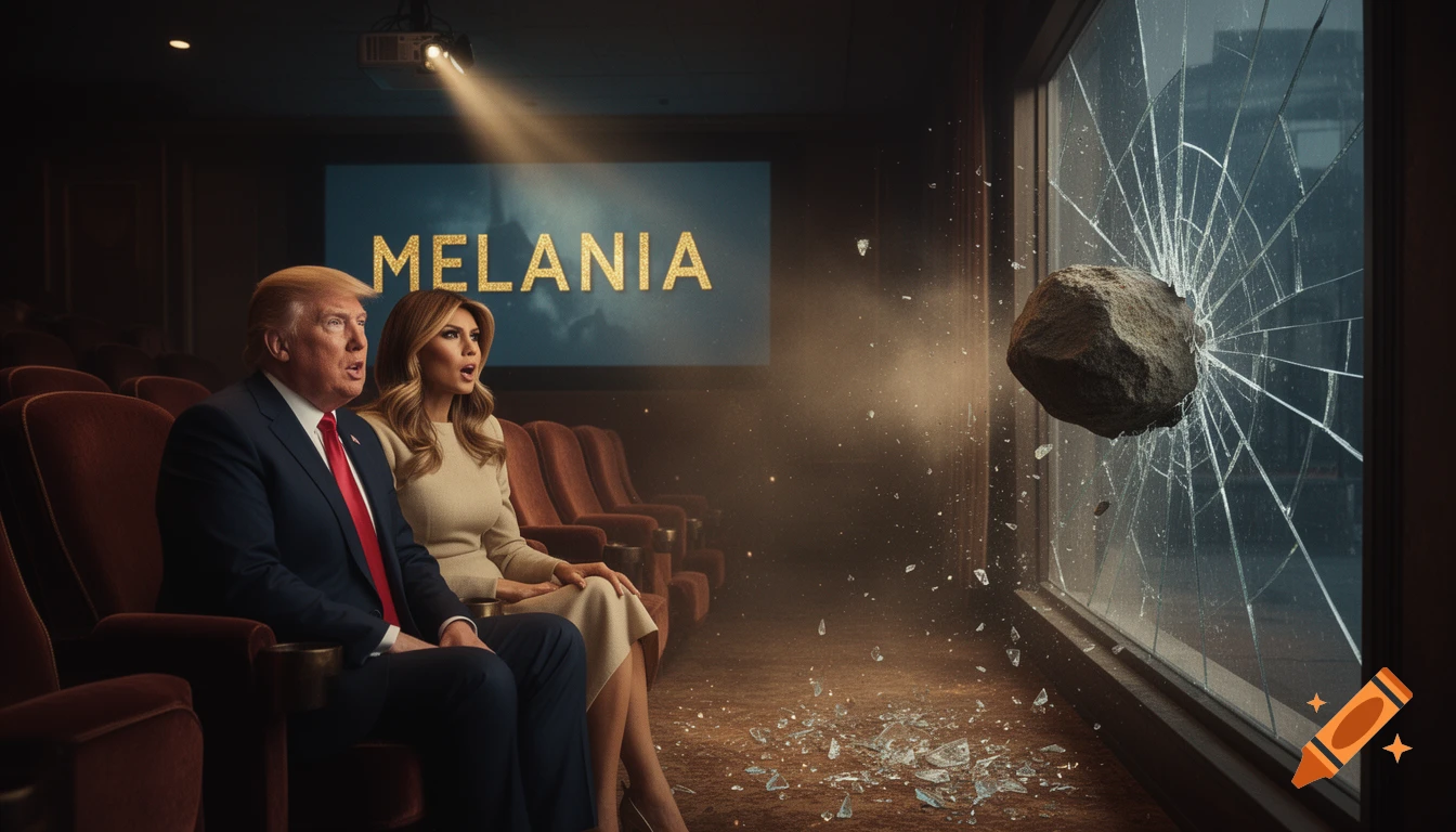 Donald Trump and Melania Trump look shocked in a cinema as a rock shatters a window beside them, with 'MELANIA' on screen.