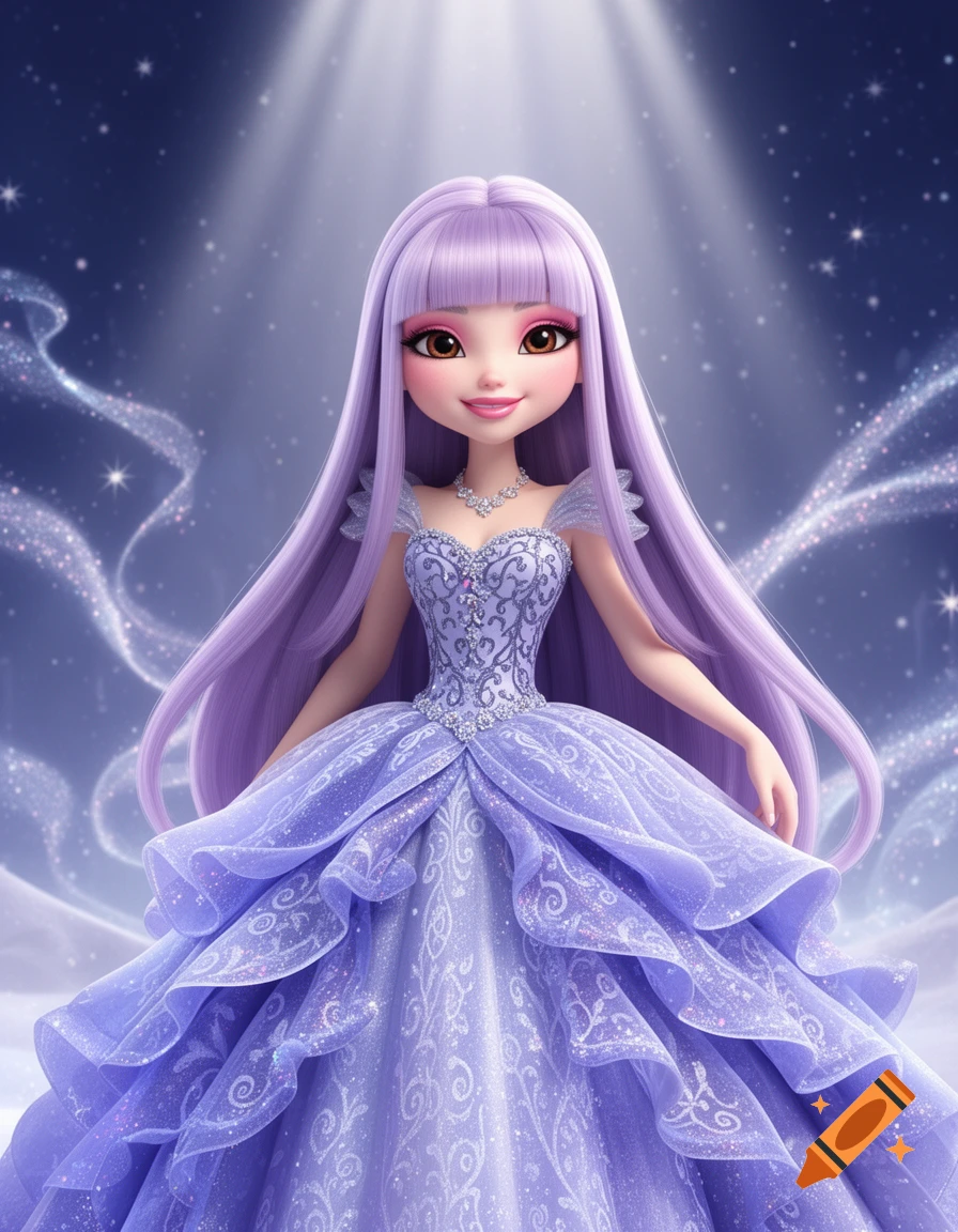 A 3D animated doll with long lavender hair and a shimmery purple ballgown, standing under a spotlight with a magical, starry background.
