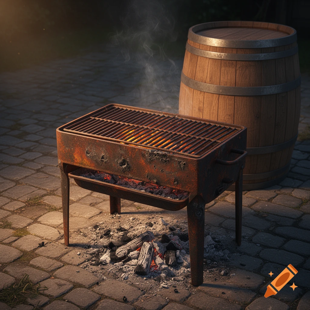 A rusty barbecue grill with glowing coals and smoke sits on a cobblestone patio next to a wooden barrel.