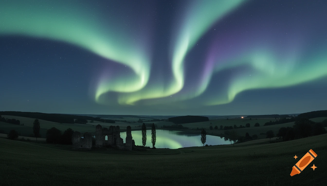 Vibrant green and purple aurora borealis illuminates a night sky over a landscape with ancient ruins and a reflective lake.