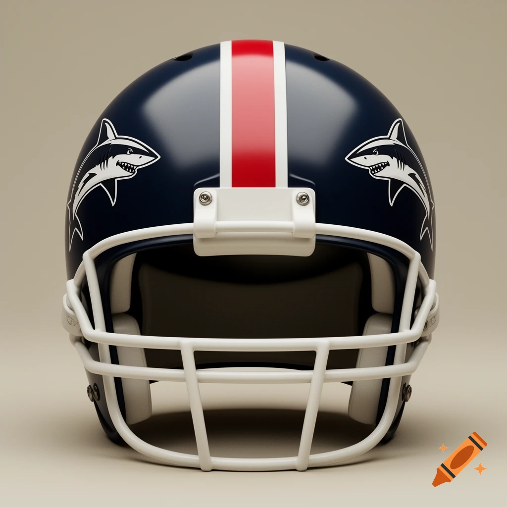 A navy blue vintage football helmet with a red center stripe outlined in white, a white face mask, and white shark logos on the sides.