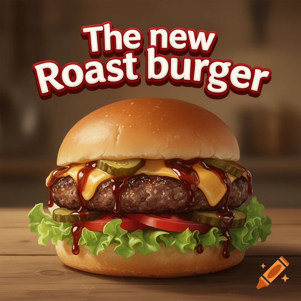 A close-up of a burger with a beef patty, melted cheese, pickles, tomatoes, lettuce, and sauce on a bun. Text says "The new Roast burger".