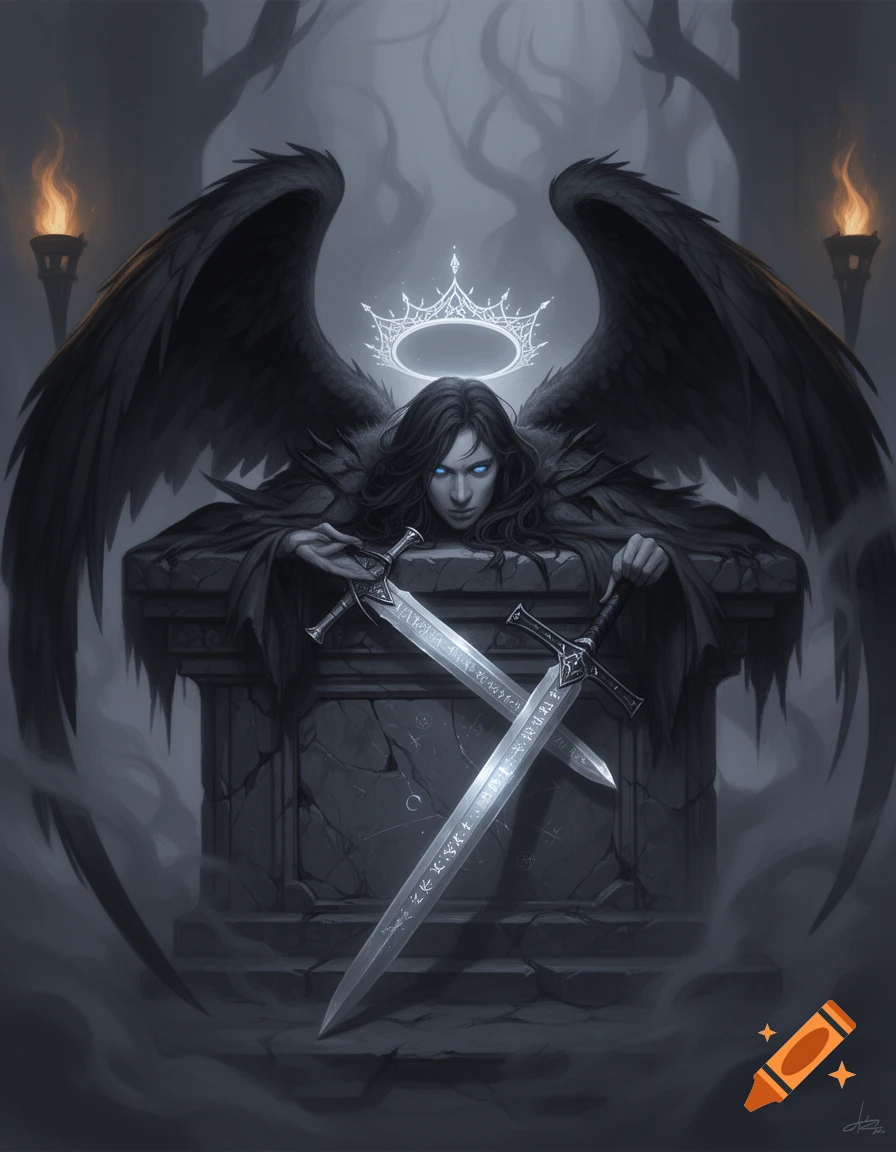 A dark fantasy painting of a fallen angel with black wings, glowing blue eyes, and a crown-like halo, leaning over an altar with two crossed swords.