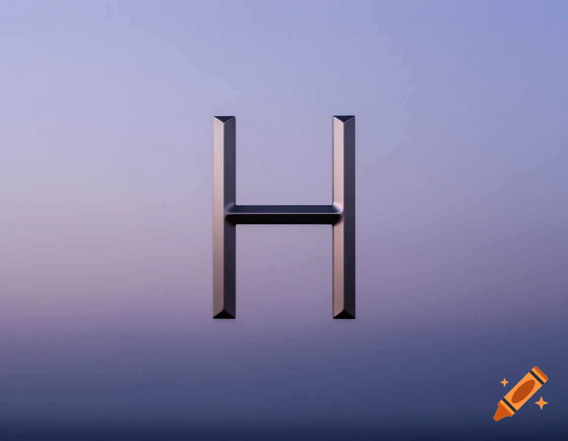A metallic 3D capital letter H centered on a soft purple and blue gradient background.