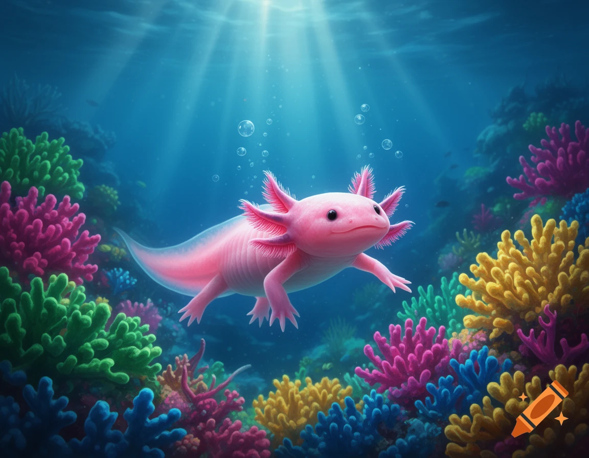 A pink axolotl swims amidst a vibrant, colorful coral reef underwater with sunbeams shining down.