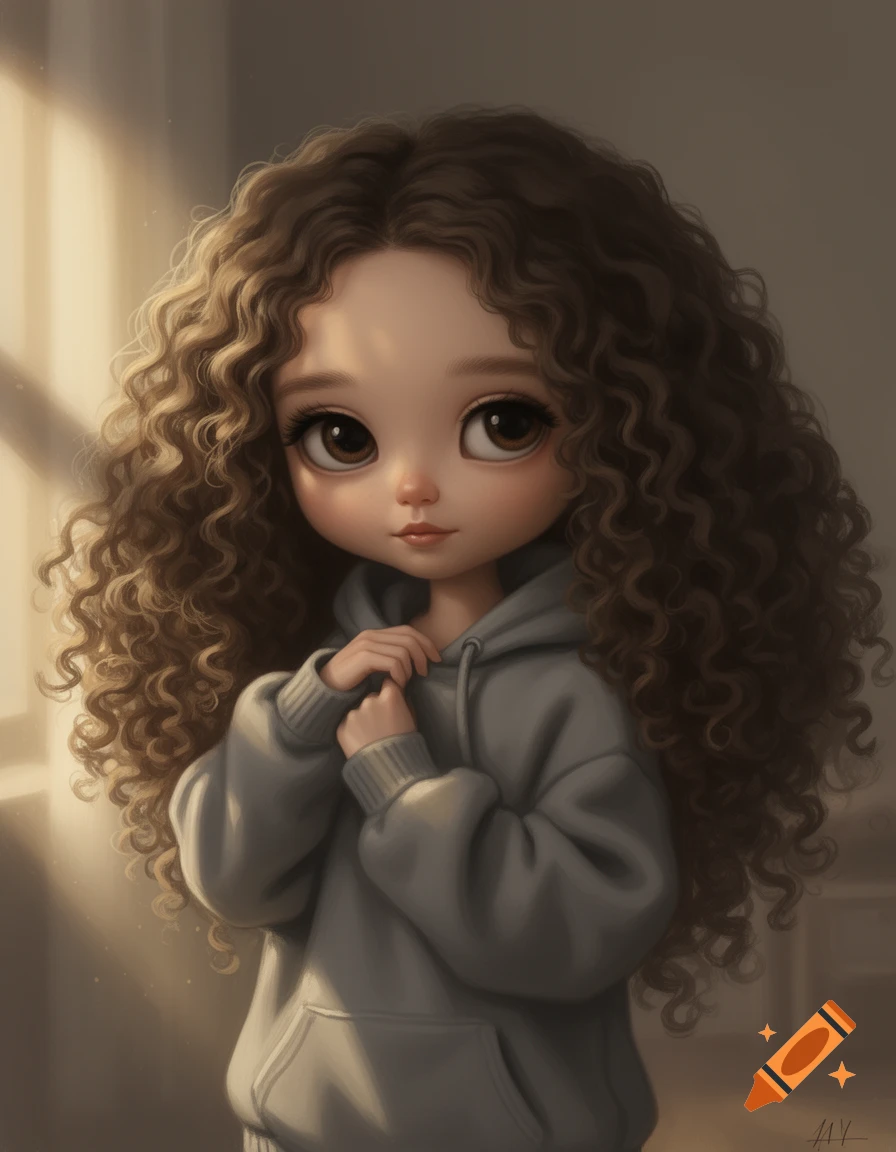 Illustration of a doll-like girl with big brown eyes, long curly brown hair, and a grey hoodie.