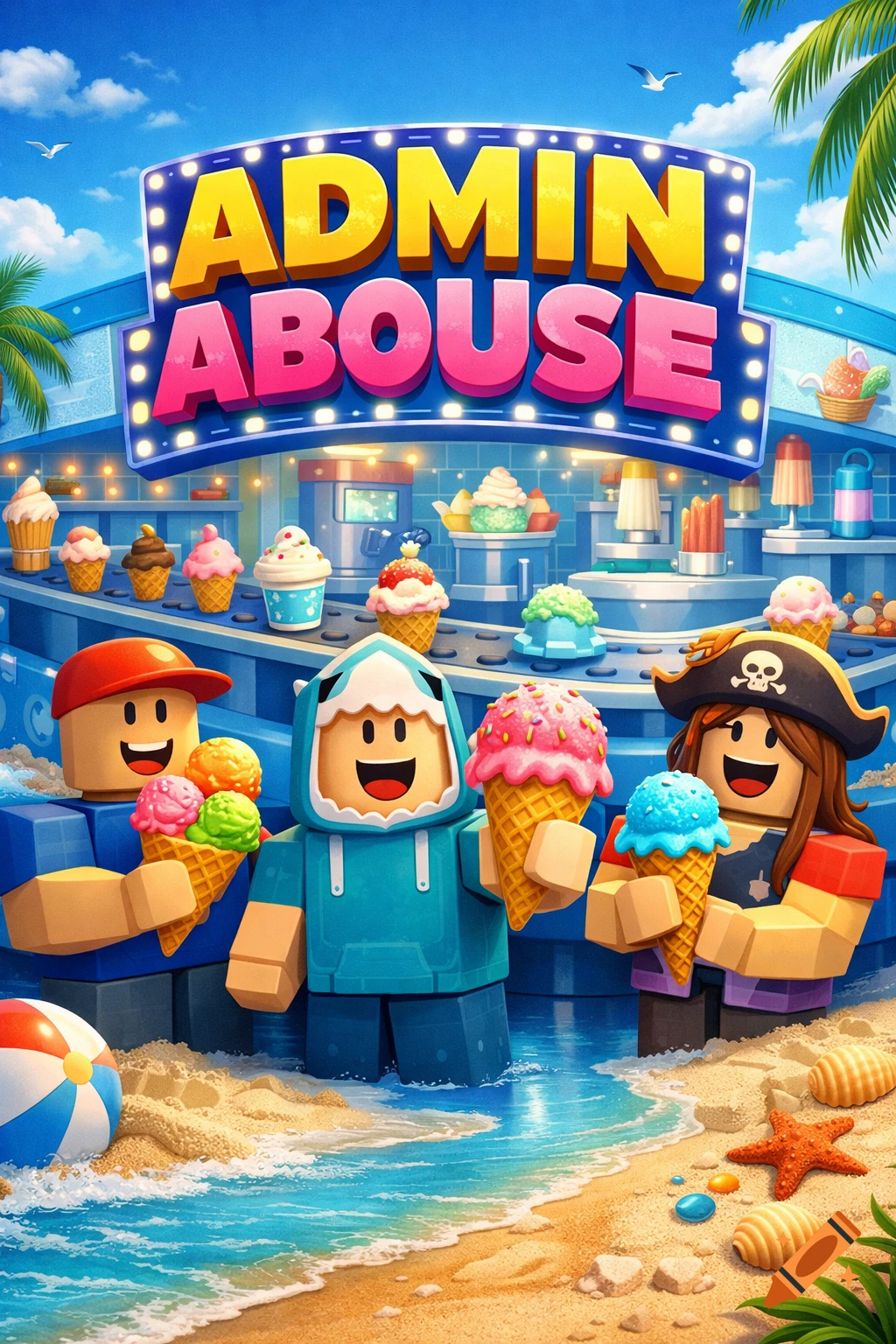 Three Roblox-style characters hold ice cream cones on a vibrant beach with an ice cream shop sign that reads ADMIN ABOUSE.