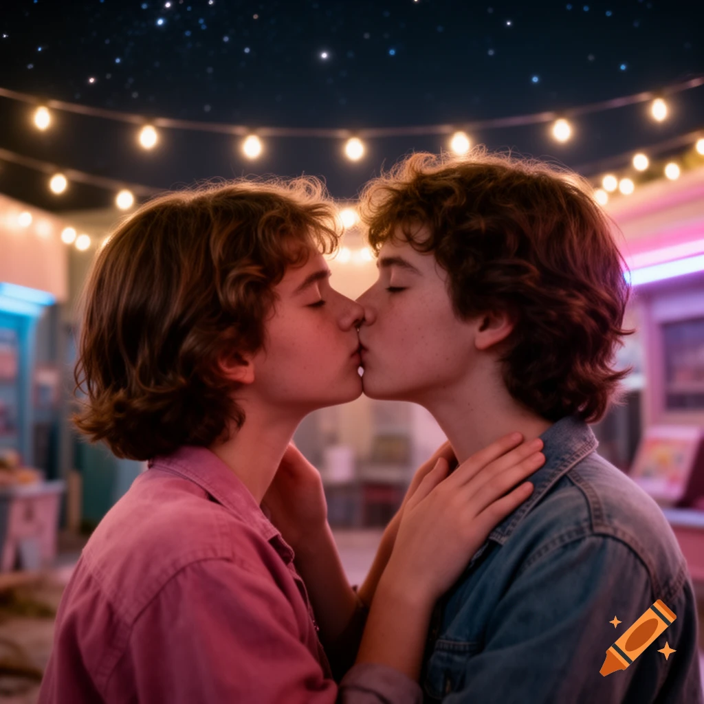 Two young people with curly hair share a romantic kiss under a starry night sky with glowing string lights.