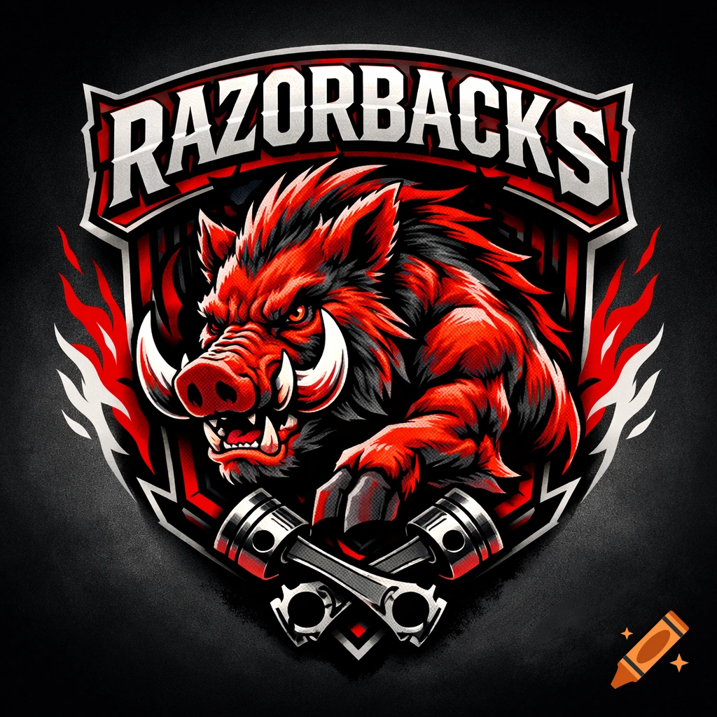 Stylized red and black wild boar logo with large tusks, above crossed engine pistons, and the word 'RAZORBACKS' on a banner.