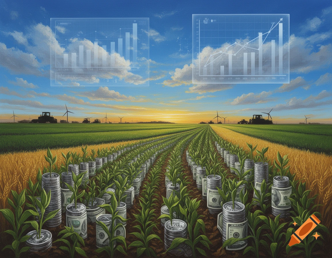 An artistic depiction of a farm field at sunset with rows of corn plants, some growing from stacks of coins and dollar bills. Financial charts float in the sky above tractors and wind turbines.