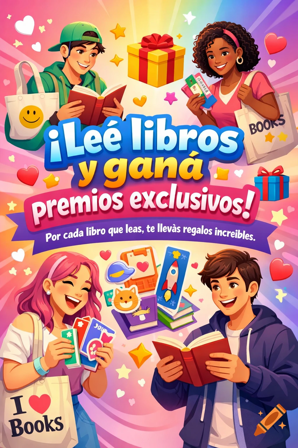 Colorful digital banner showing diverse young people reading books and receiving gifts, with text promoting a reading reward program. Illustration style.