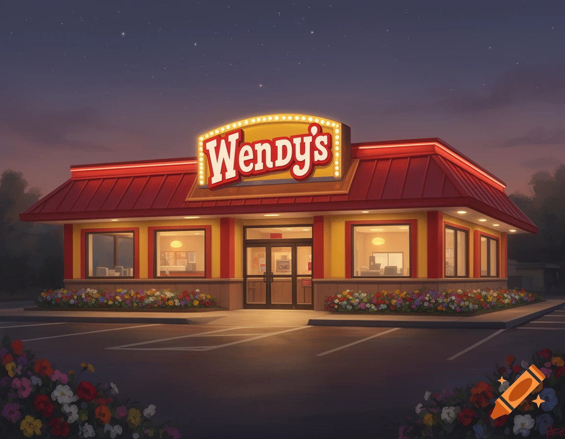 An illustration of a brightly lit Wendy's fast-food restaurant at dusk, with flowers in the foreground and a starry sky.