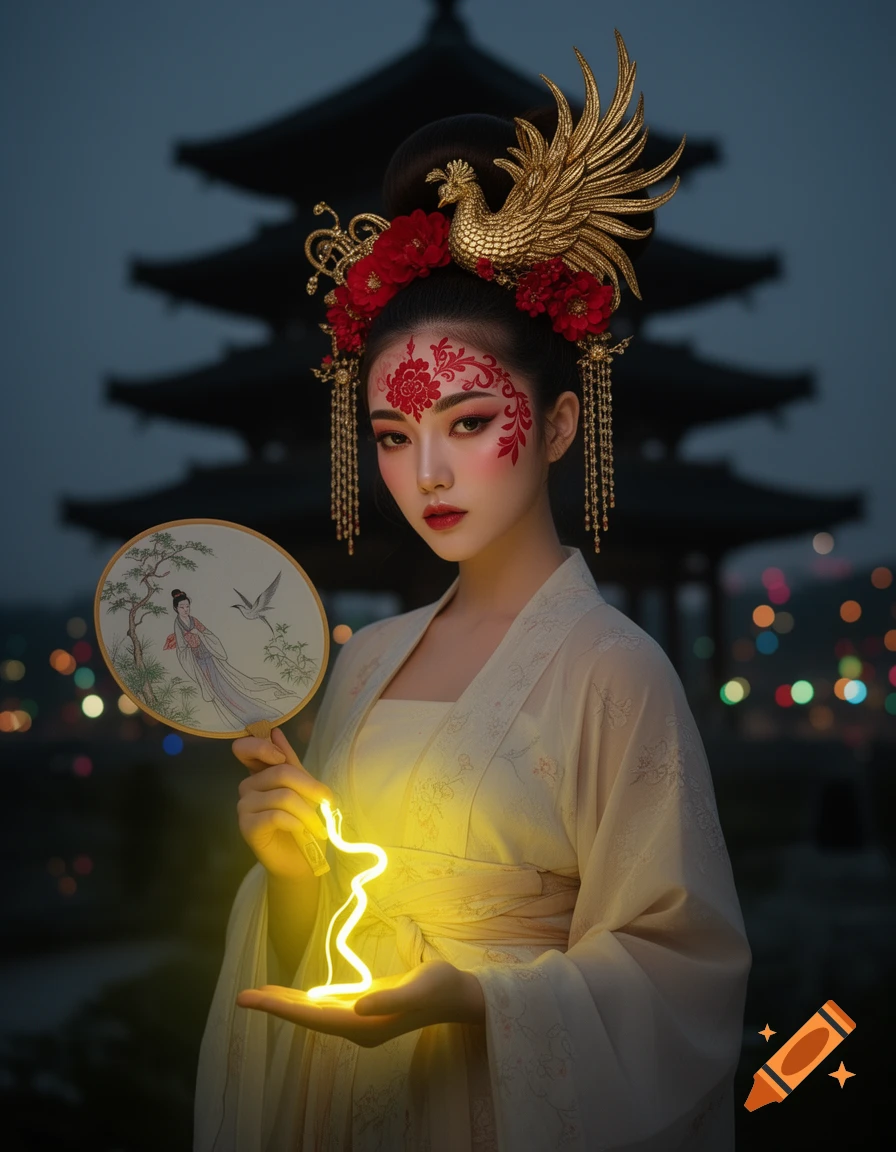 Woman with golden phoenix headdress and floral face paint holds a fan and glowing neon light against a night pagoda background.