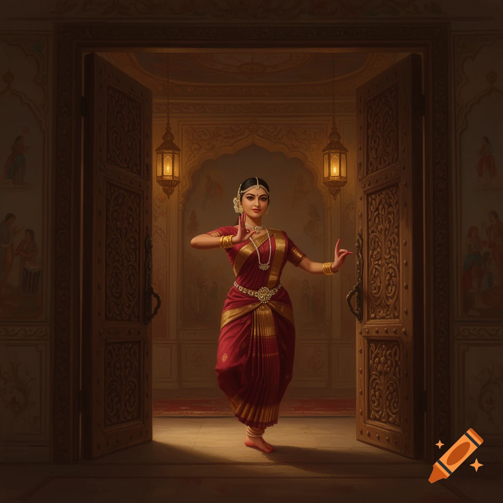 Woman in traditional red and gold attire performs Bharatanatyam dance in a grand Indian palace doorway.