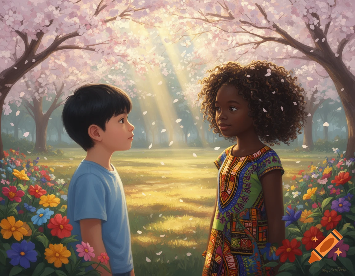 An illustration of a boy and girl looking at each other in a vibrant flower garden under cherry blossom trees with sunrays.