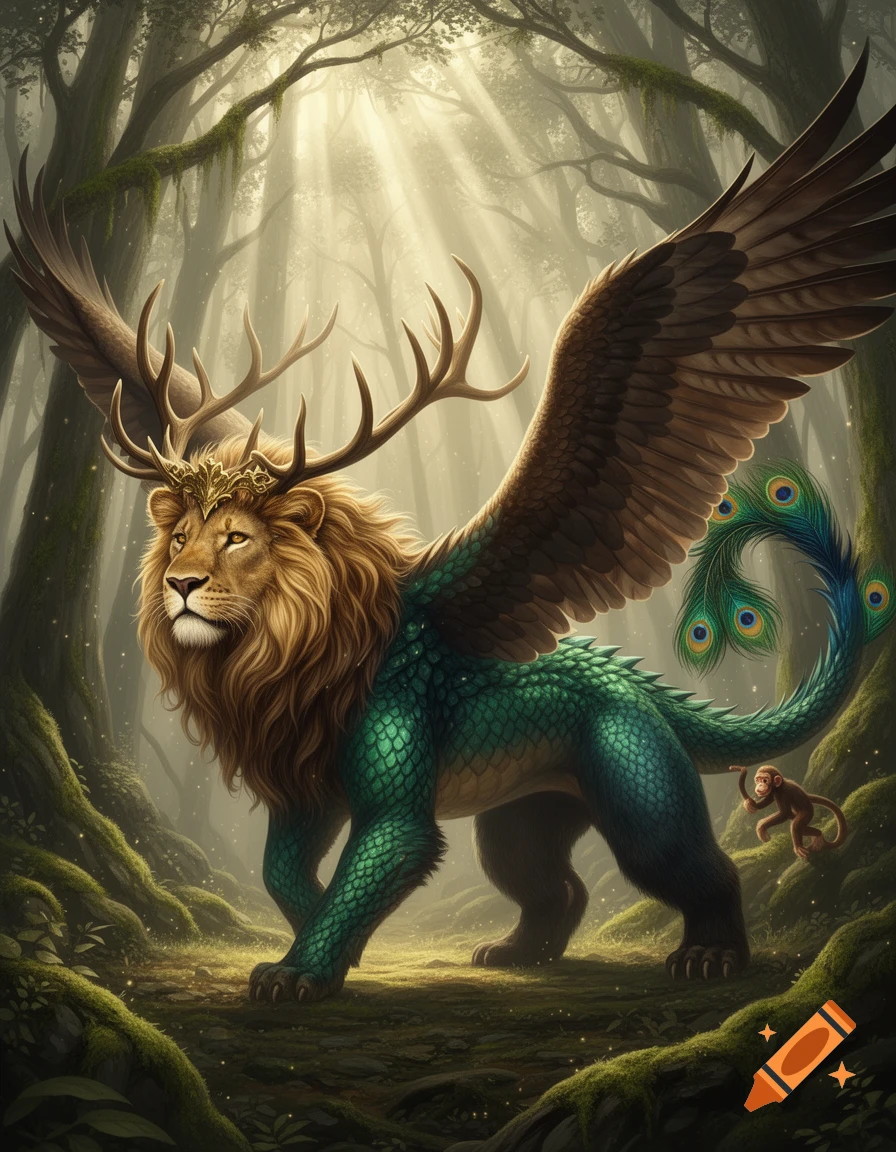 A majestic chimera with a lion's head, deer antlers, eagle wings, a ...