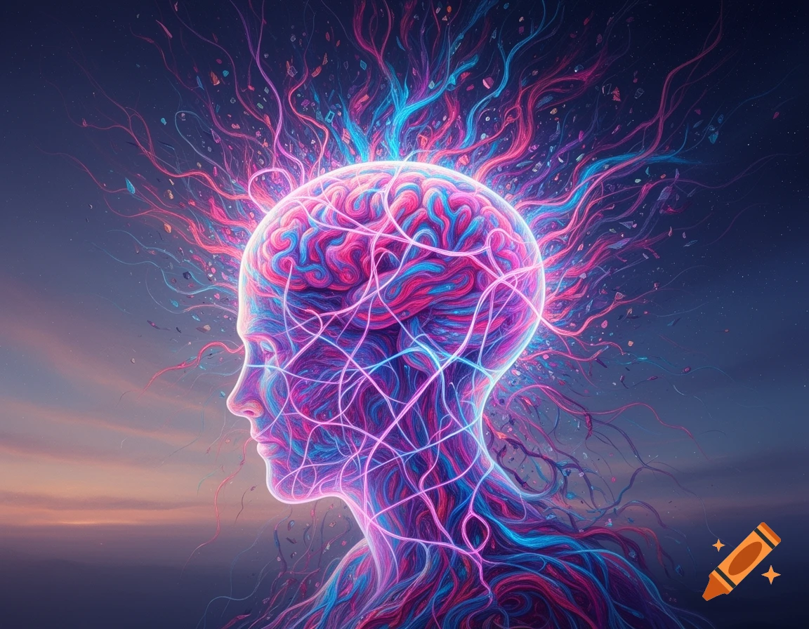 Abstract, neon-lit human head and brain emitting vibrant pink and blue energy lines against a dark sky.