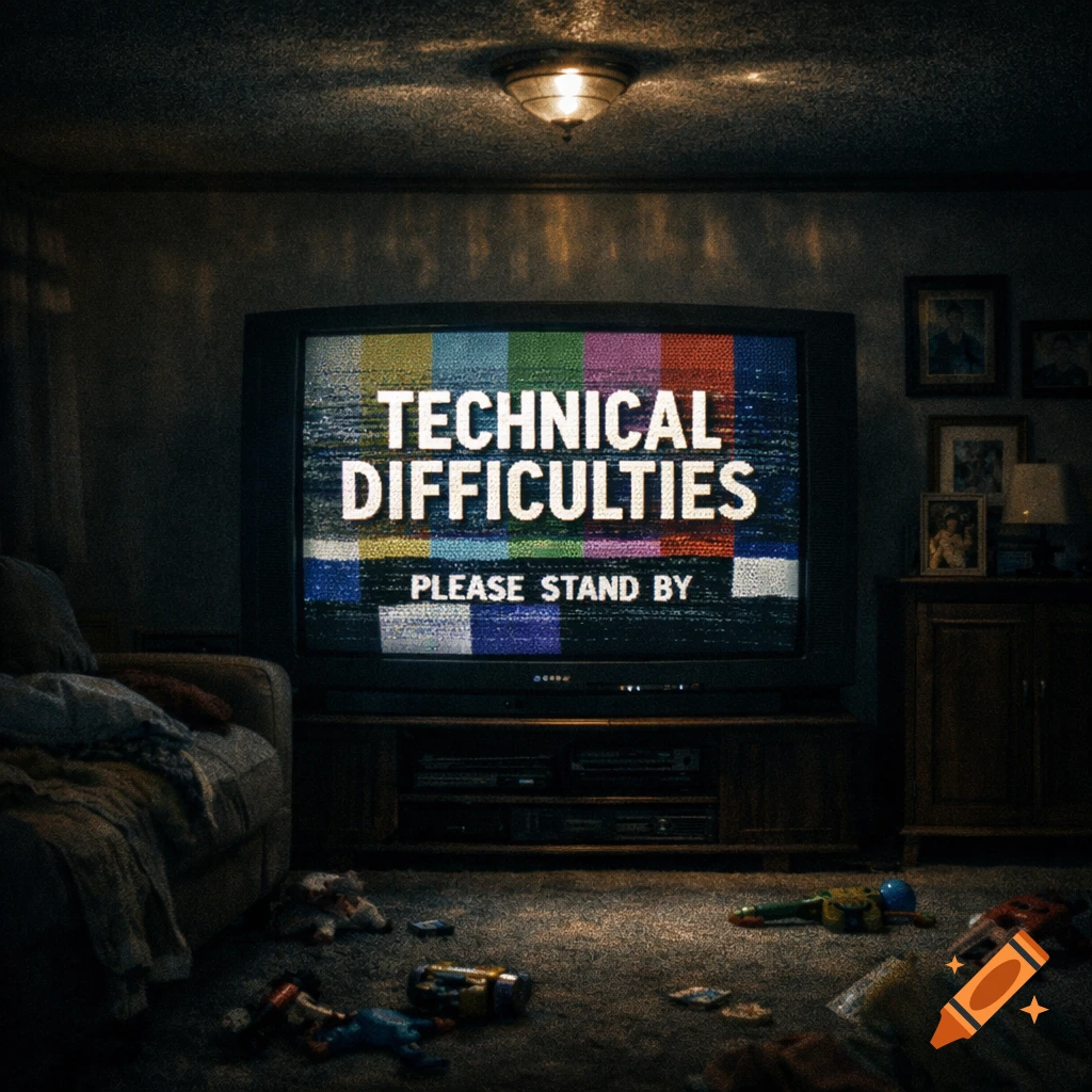 An old television in a dark, messy room displays a 'TECHNICAL DIFFICULTIES PLEASE STAND BY' screen with static and colorful bars.