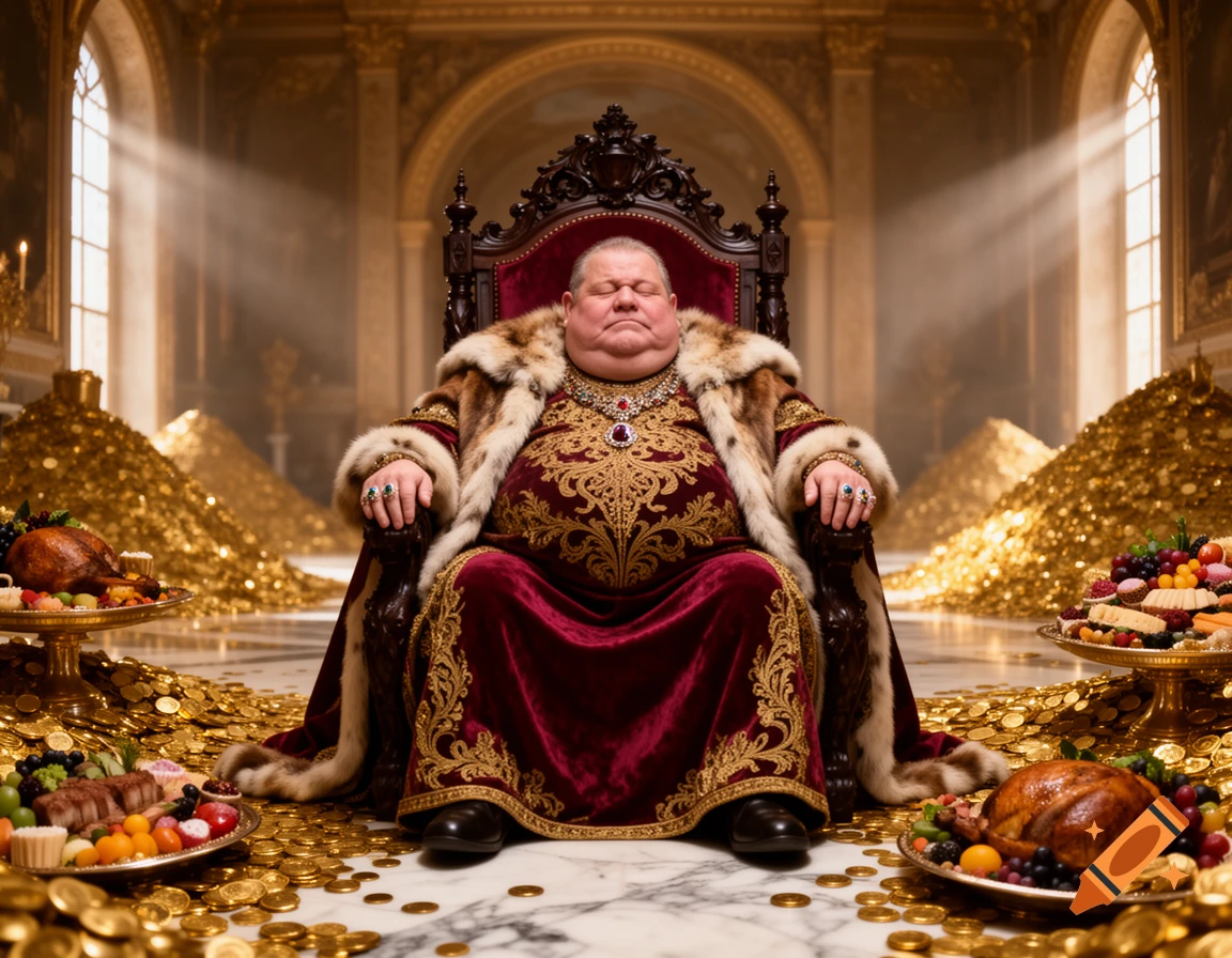 A photorealistic, opulent scene with an extremely fat king on a throne, surrounded by gold coins and lavish food.