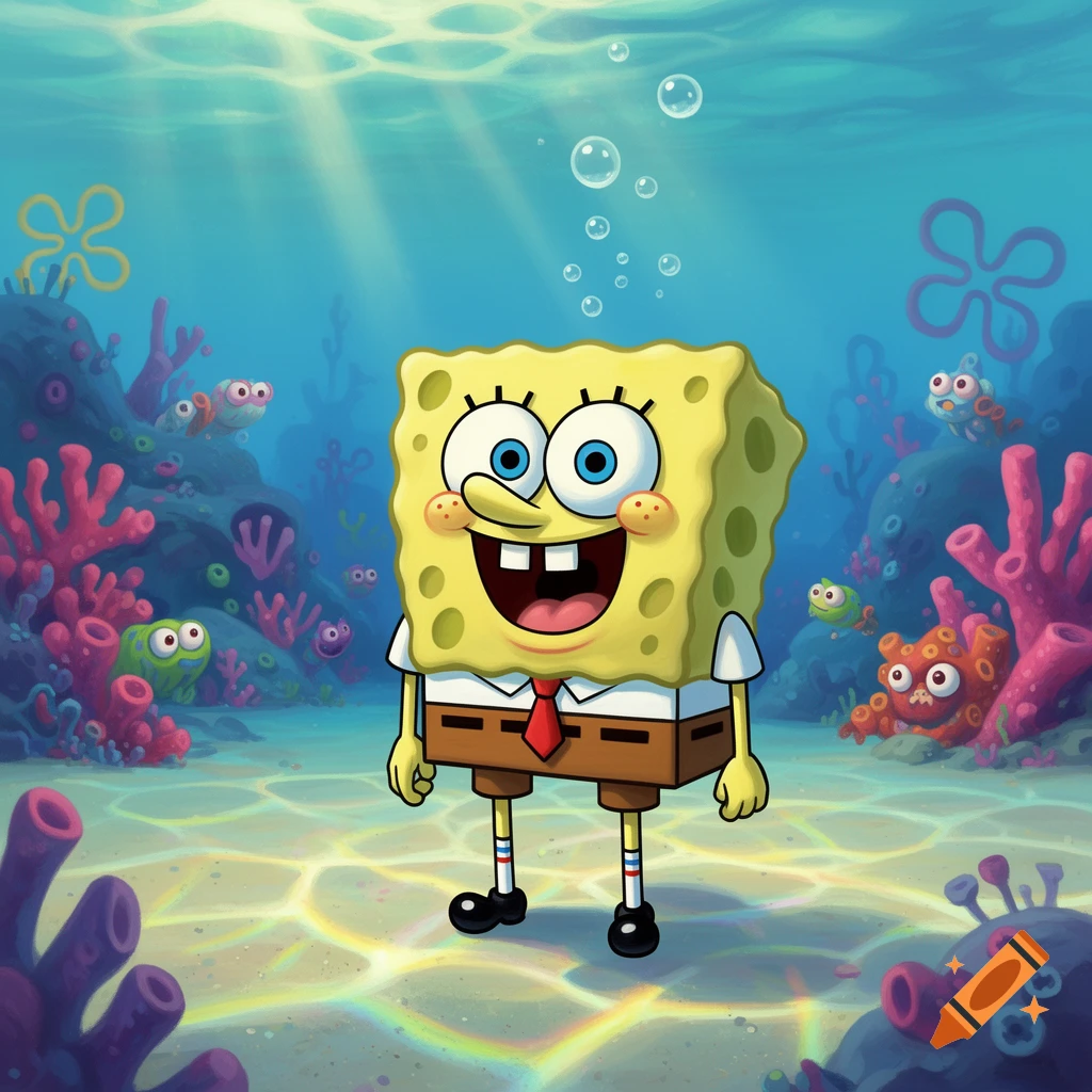 SpongeBob SquarePants stands smiling on the ocean floor surrounded by colorful coral and fish, with light rays filtering from above.