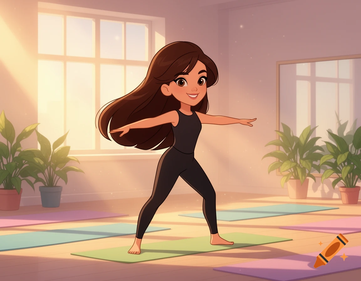 A cartoon girl with long dark brown hair in a black yoga outfit stands in a warrior pose on a green yoga mat in a sunlit studio.