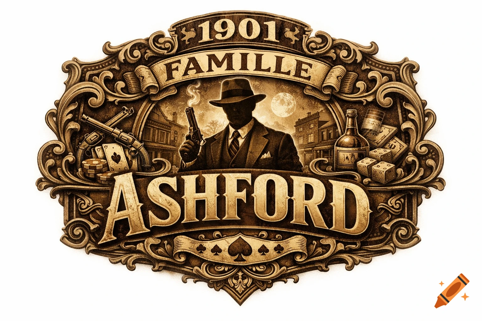 Ornate, sepia-toned logo featuring a gangster with a gun, flanked by gambling items and a whiskey bottle, with text "1901 FAMILLE ASHFORD".
