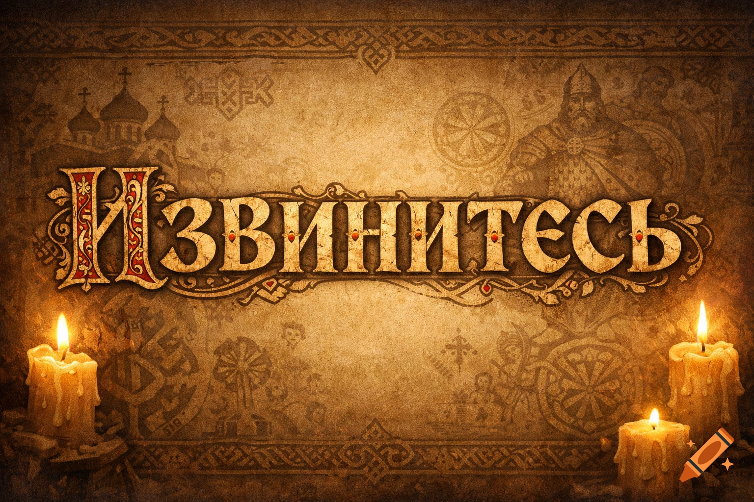 Aged parchment with stylized 'ИЗВИНИТЕСЬ' (Apologize) in old Slavic font, lit by candles, and historical motifs.