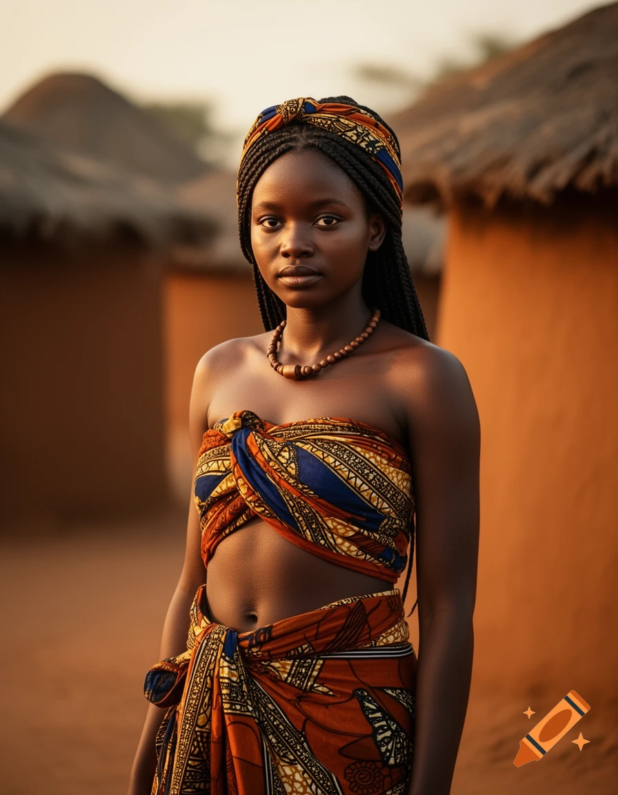 Realistic portrait of a young African woman with braids and a traditional headwrap and skirt, standing in an African village at golden hour.