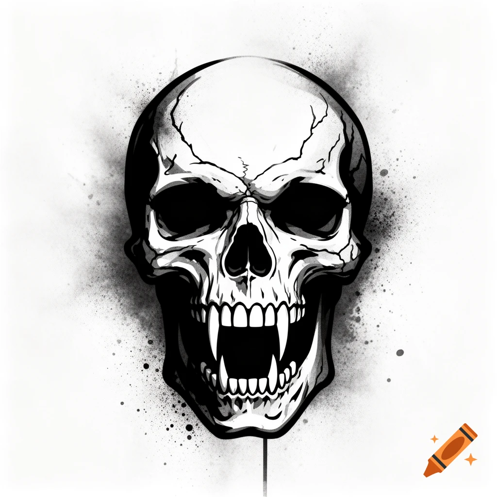 Stylized black and white illustration of a skull with sharp fangs and an open mouth, against a grunge splatter background.