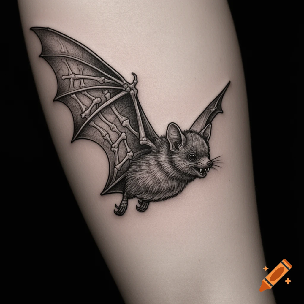 Detailed black and white tattoo of a bat with skeletal wings on an arm.