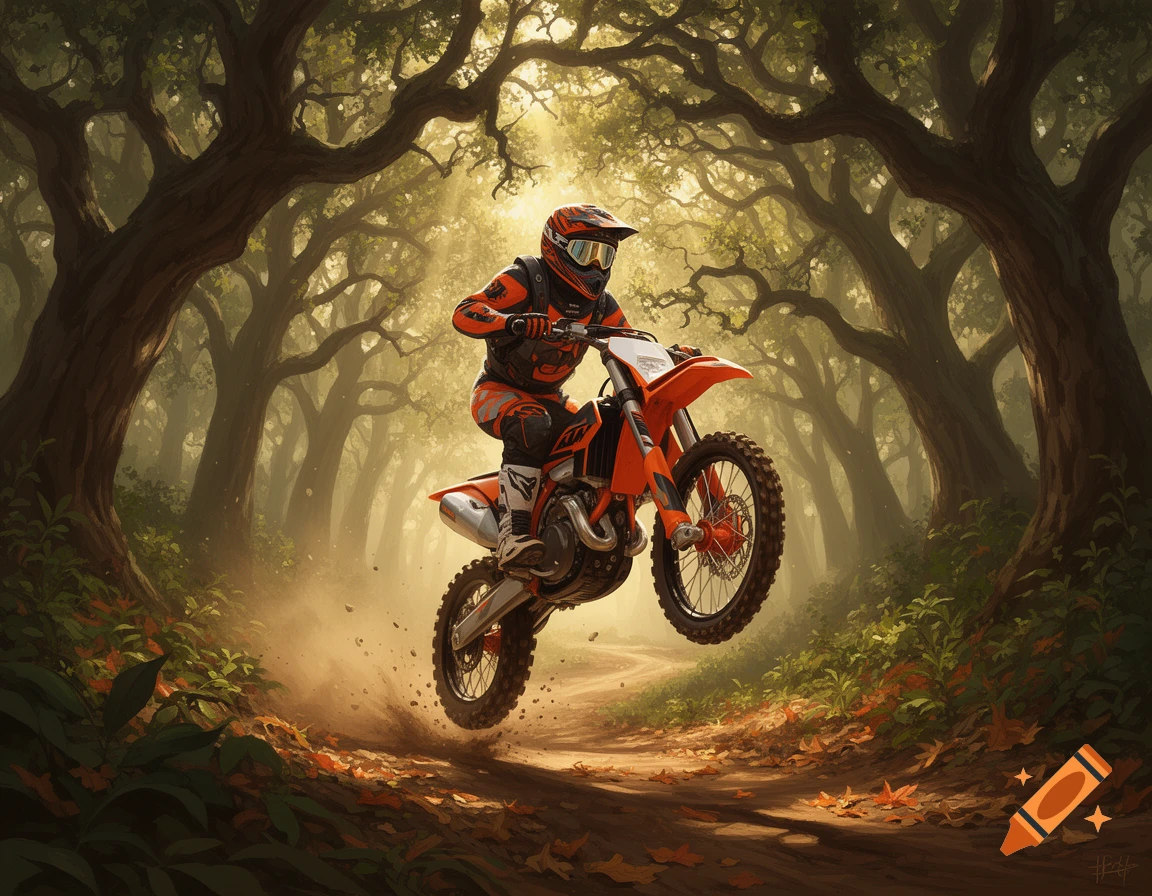 A person in orange riding gear does a wheelie on an orange dirt bike on a sunlit forest trail.