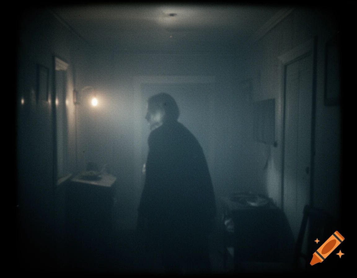 A shadowy figure stands in a dark, foggy room illuminated by a single light, captured in a grainy found footage style.