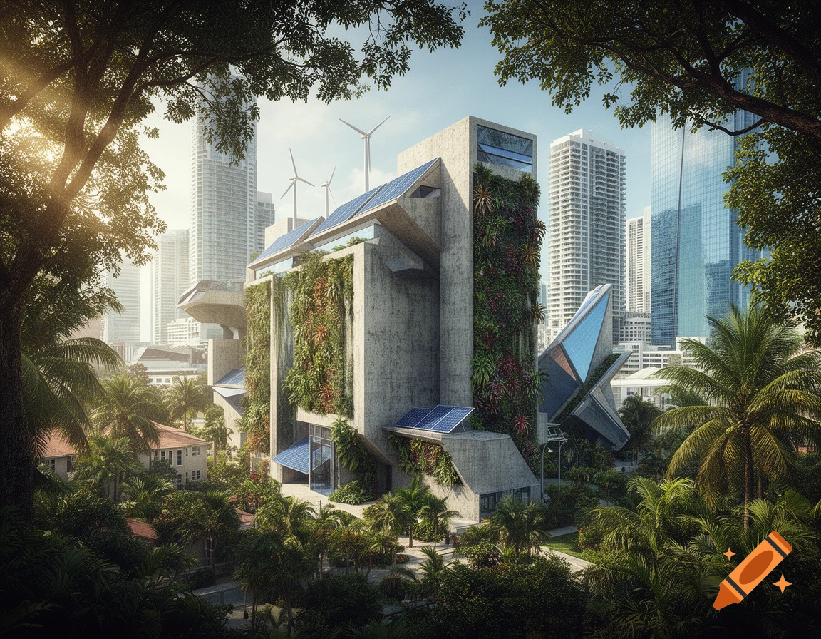 A futuristic eco-brutalism building with vertical gardens, solar panels, and wind turbines amidst a lush urban setting with palm trees.