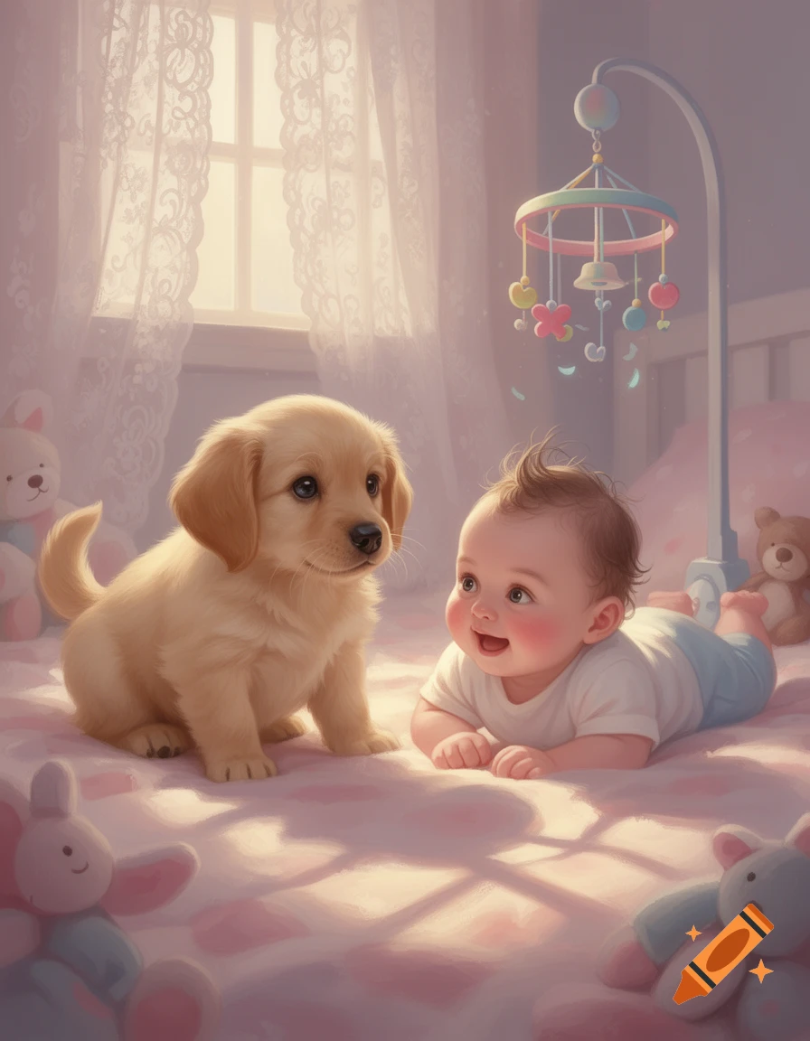 A cute baby and a golden retriever puppy lie on a pink blanket in a soft, illustrative nursery setting with a mobile above.