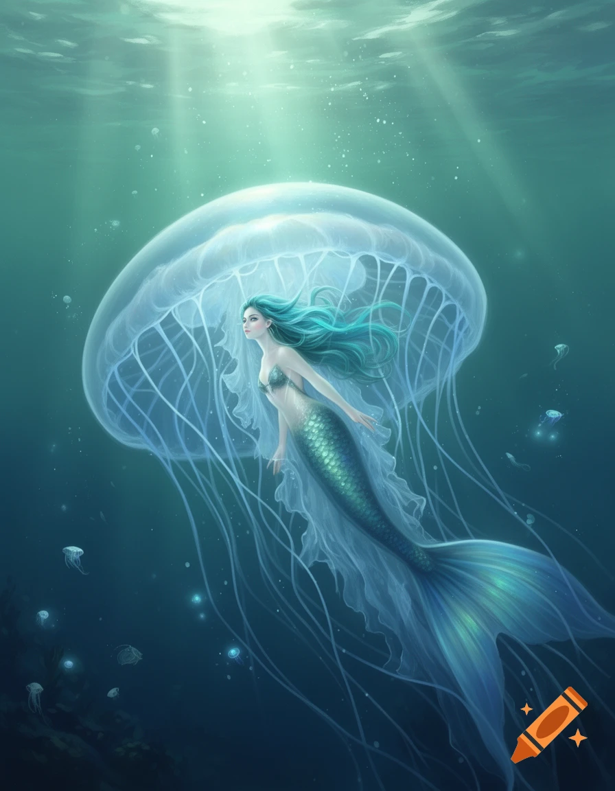 A beautiful mermaid with blue-green hair and a shimmering tail swims inside a large, glowing jellyfish underwater, with light rays from above.