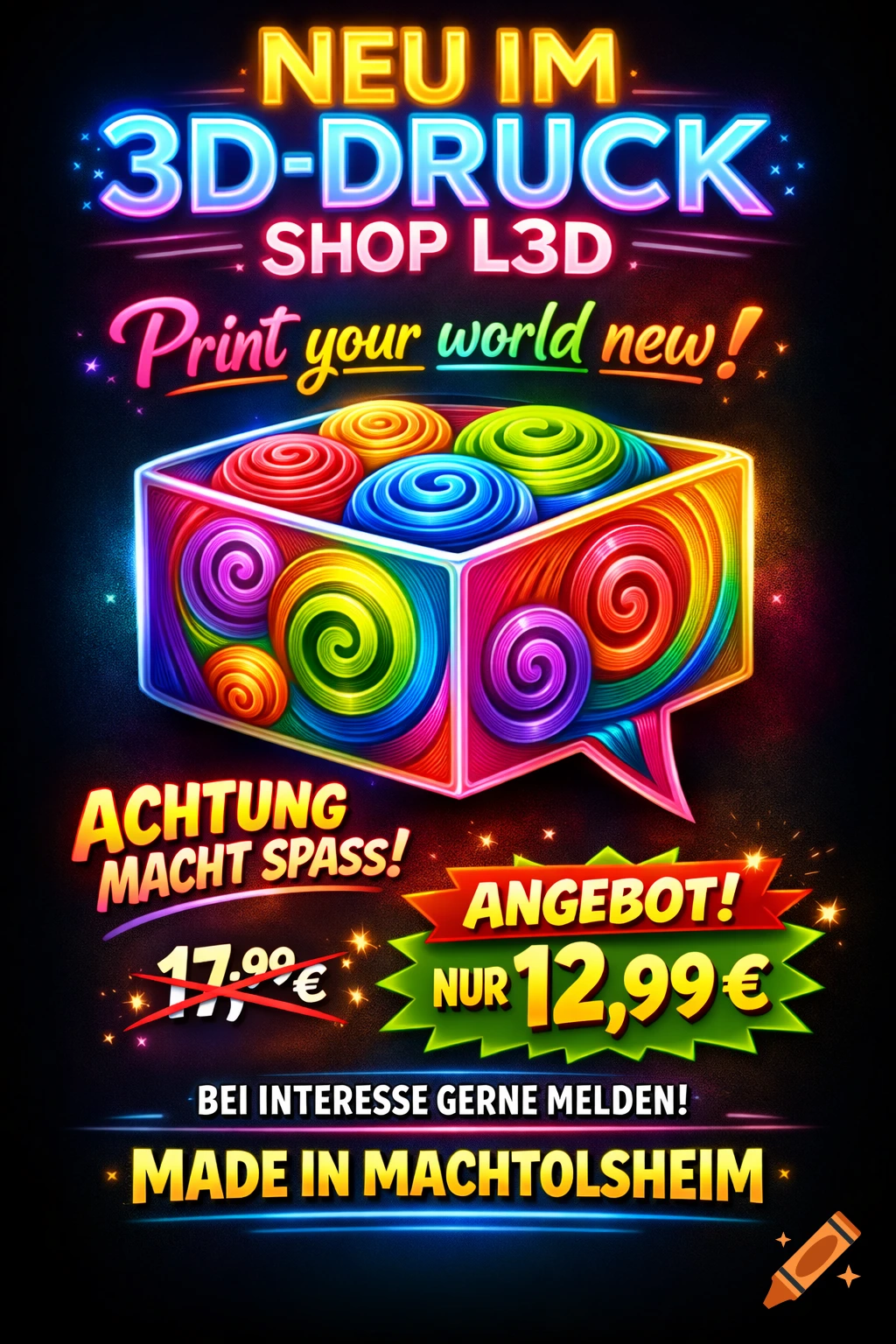 Vibrant neon-style flyer for L3D 3D Print Shop, advertising new products and prices, featuring a colorful box of spiral filament.
